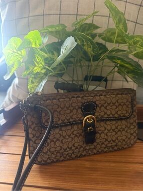 Coach Tan Brown Signature Canvas Wristlet with Dark Brown Trim